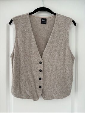Zara Taupe Textured Knit Button Vest
